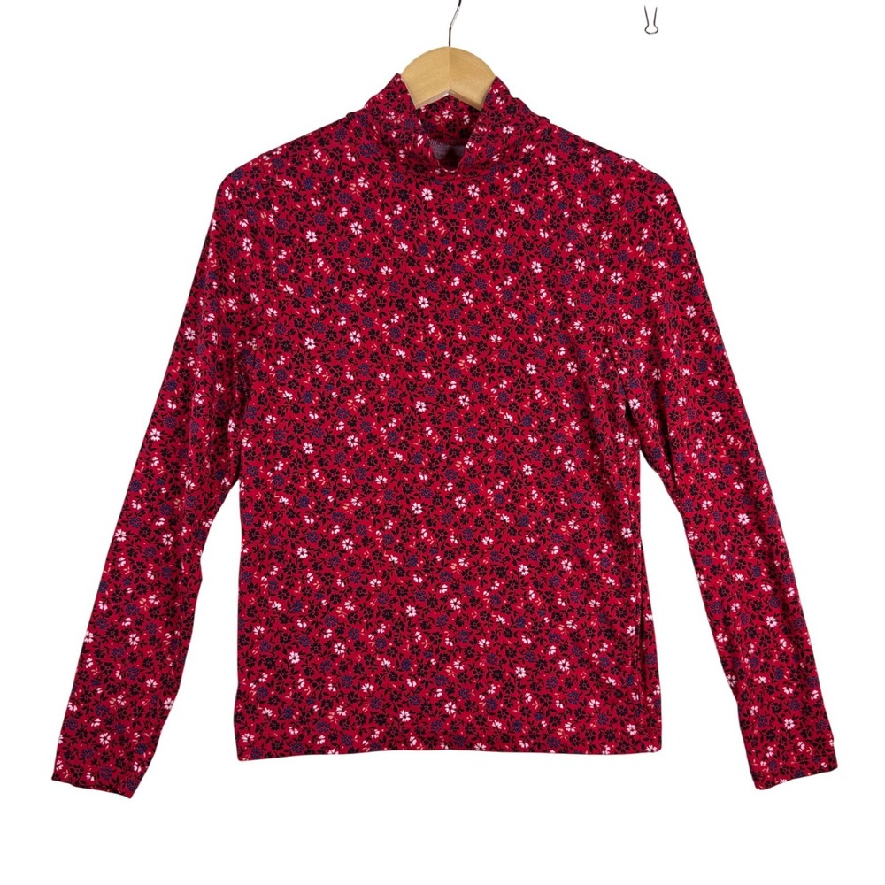 Loft Ditsy Floral Print Mock Neck Long Sleeve Top size Medium Red/Black/White